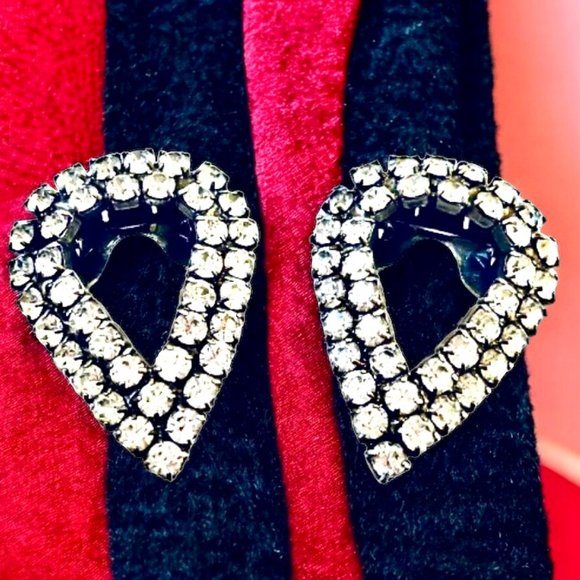 Vintage Shoe Clips Silver Tone Rhinestones Heart Shape Dress Scarf Fur - Picture 1 of 7
